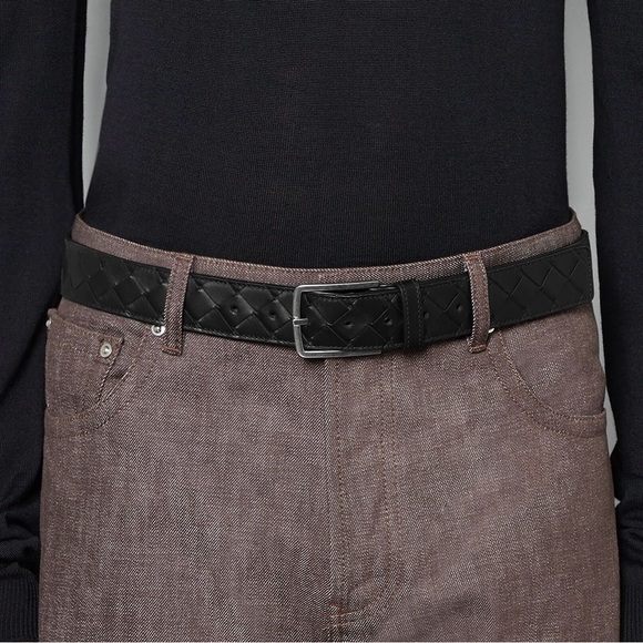 BOTTEGA VENETA Intrecciato Leather Black/ Silver Men's Belt